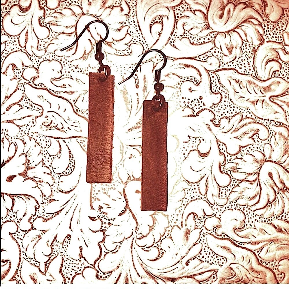 NATURAL LEATHER BAR EARRINGS BROWN LONG NEW HANDMA - Picture 2 of 4
